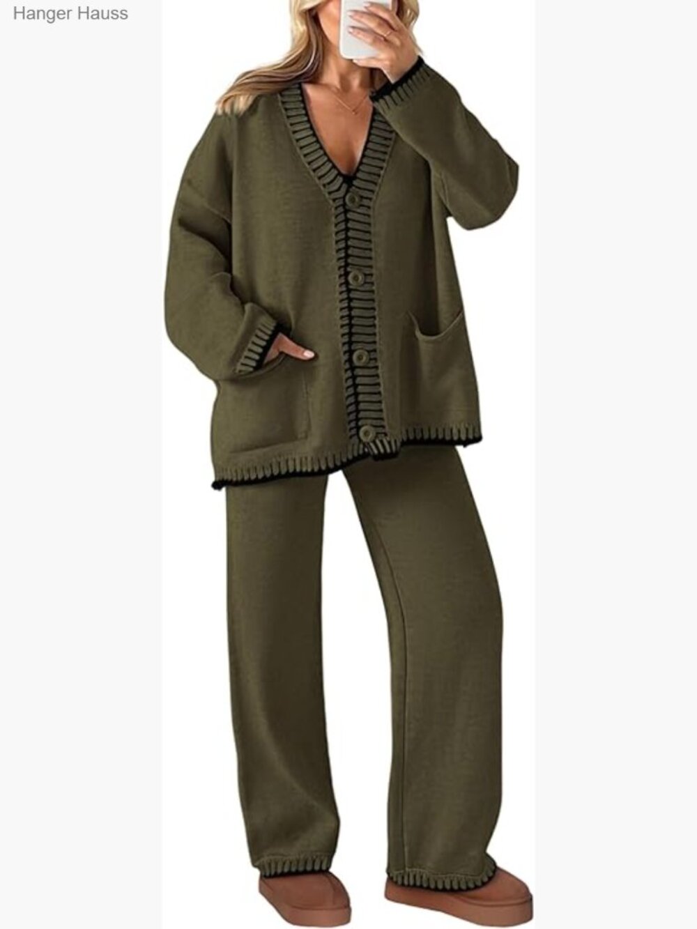2 Piece Lounge Set Cardigan & Wide Leg Pants Knit Tracksuit Winter